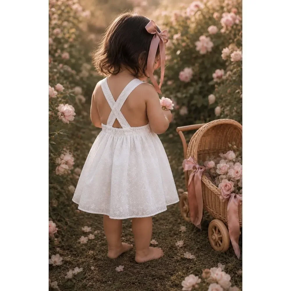 New Darling Eyelet Flutter Strap Crisscrossing Back Pinafore Romper Dress